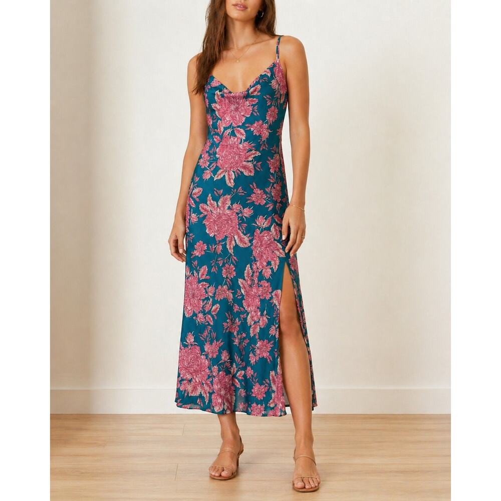 Teal Pink Floral Romantic Silky Slip Dress 90s Y2K Romantic Wedding Guest Resort